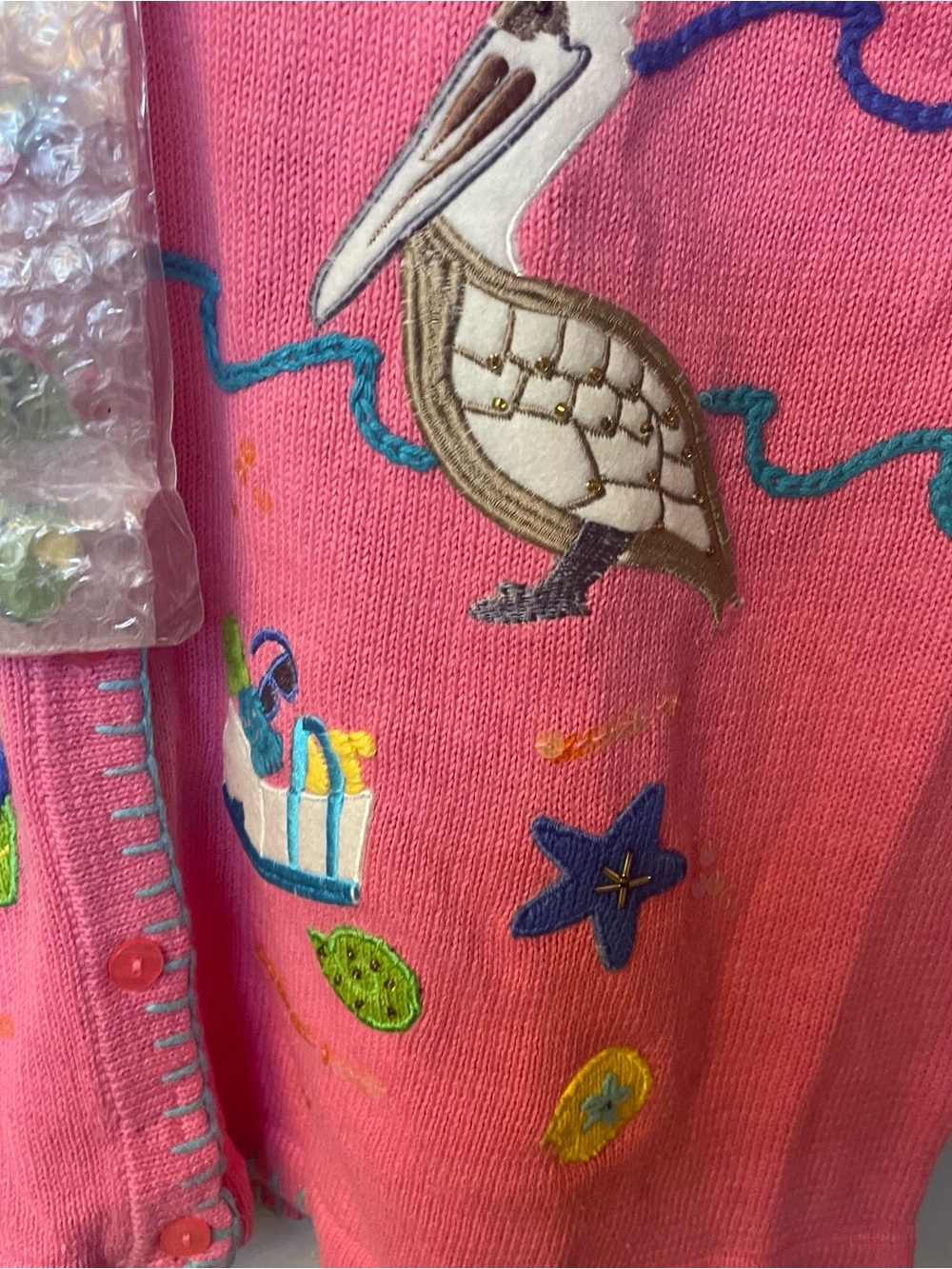 The Quacker Factory Novelty Embroidered Beach Pink Button Up Sweater NWT - Picture 6 of 9